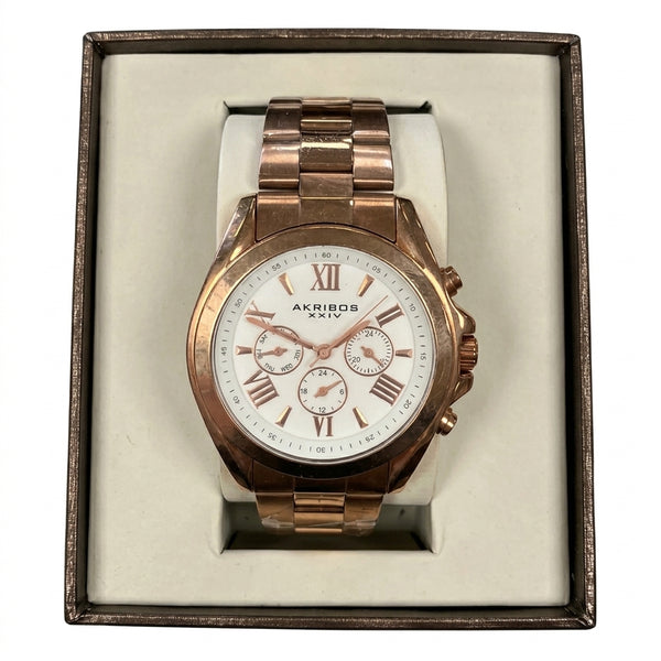 AKRIBOS XXIV AK951RG Womens Watch Rose Gold White Dial Roman Numerals Boxed
