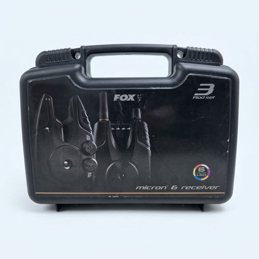 Fox Micron MX 3 Rod Set Bite Alarms + Receiver Multi Colour LED - Cased Excellent