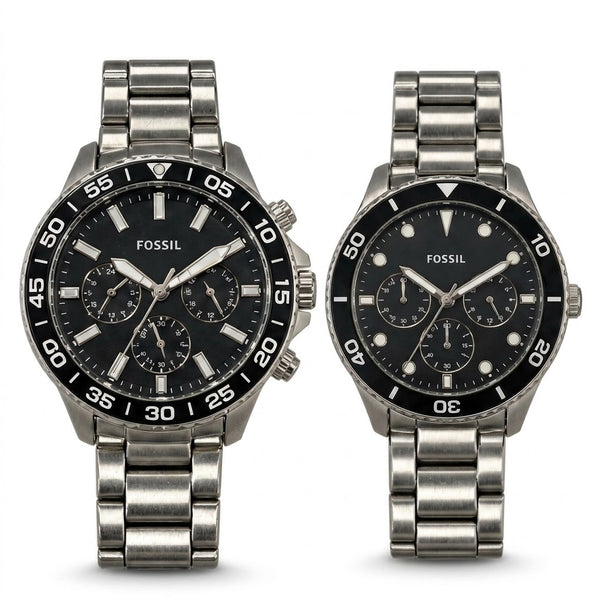 Fossil His and Hers Multifunction Silver Stainless Steel Watch Set Quartz Pair