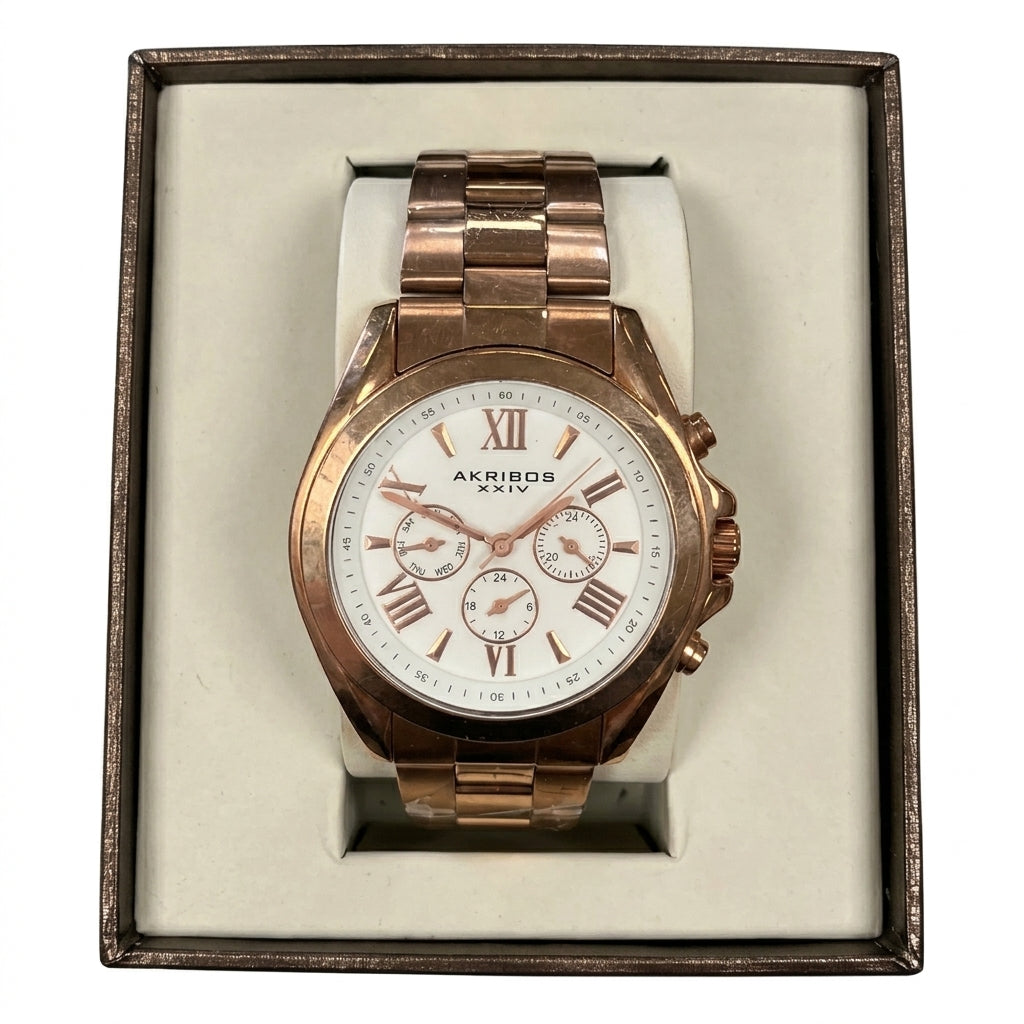 AKRIBOS XXIV AK951RG Womens Watch Rose Gold White Dial Roman Numerals Boxed