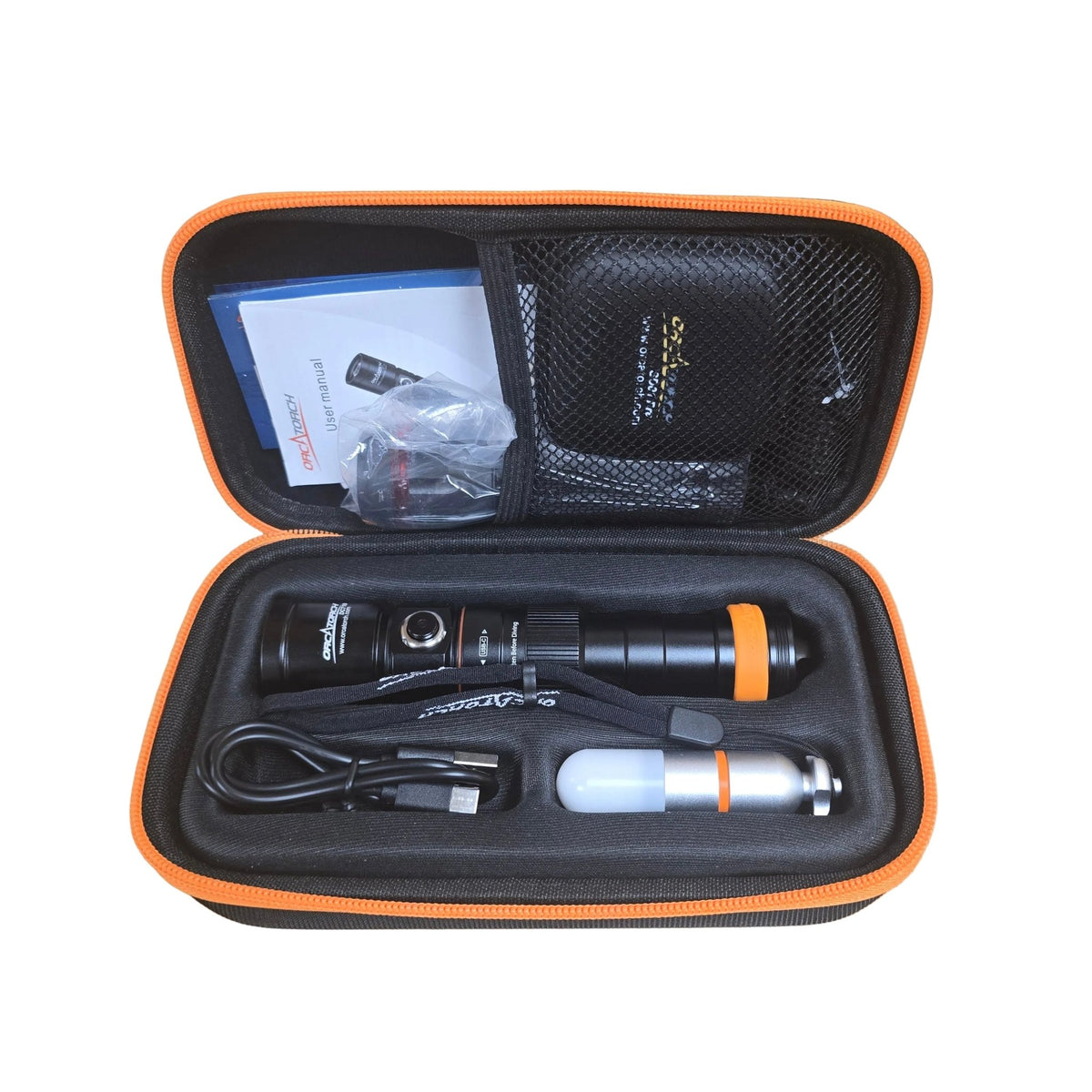 OrcaTorch DC710 Dive Torch 3000 Lumen + SD01 Pro Signal Light 21700 Set Case