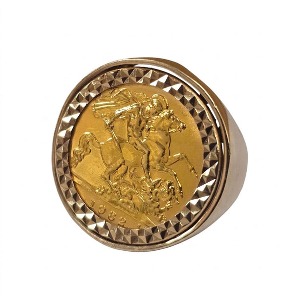 1982 9ct Gold Half Sovereign Ring 9.28g Size N Diamond Cut Bezel Mount Vintage