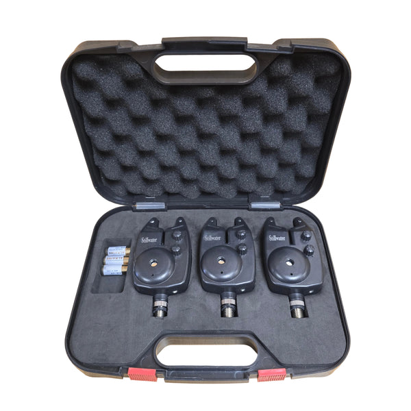 Stillwater 3 Piece Carp Fishing Bite Alarm Set With Hard Case Volume Tone Coarse